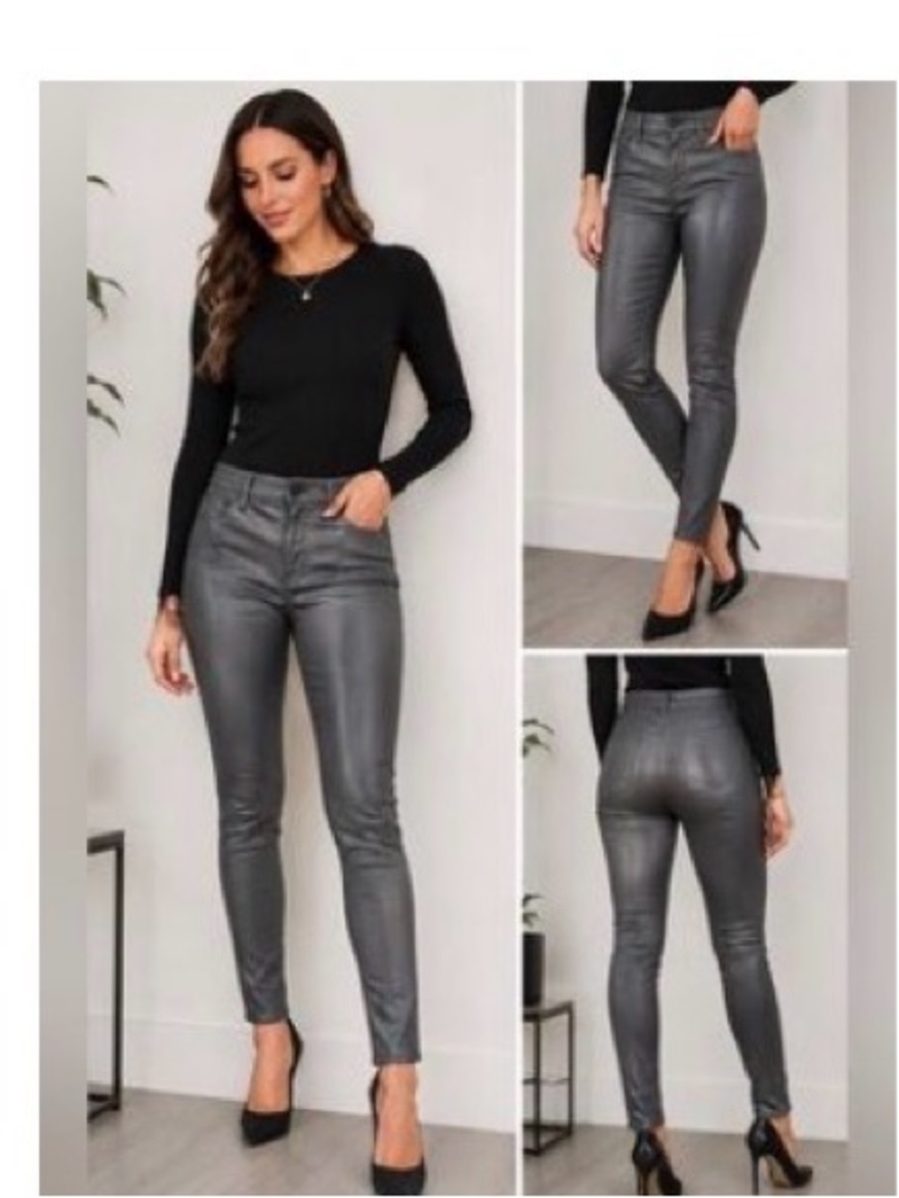 White House Black Market Metallic Black Skinny Jeans Gunmetal foil